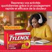 Bannière intitulée « Reprenez vos activités quotidiennes grâce à un soulagement rapide et efficace de la douleur », montrant une femme qui étudie, avec des écouteurs, et une boîte de TYLENOL® Soulagement de jour à l’avant-plan.