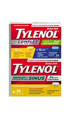 Une boîte de comprimés TYLENOL® Complet Rhume, toux et grippe et une boîte de comprimés TYLENOL® Pression et douleur des sinus