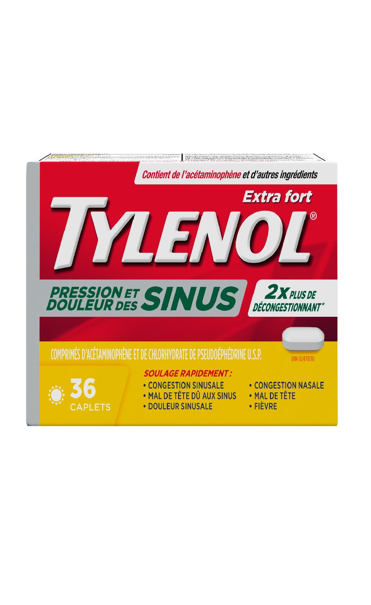 Une boîte de 36 caplets Tylenol® Extra fort Pression et douleur des sinus