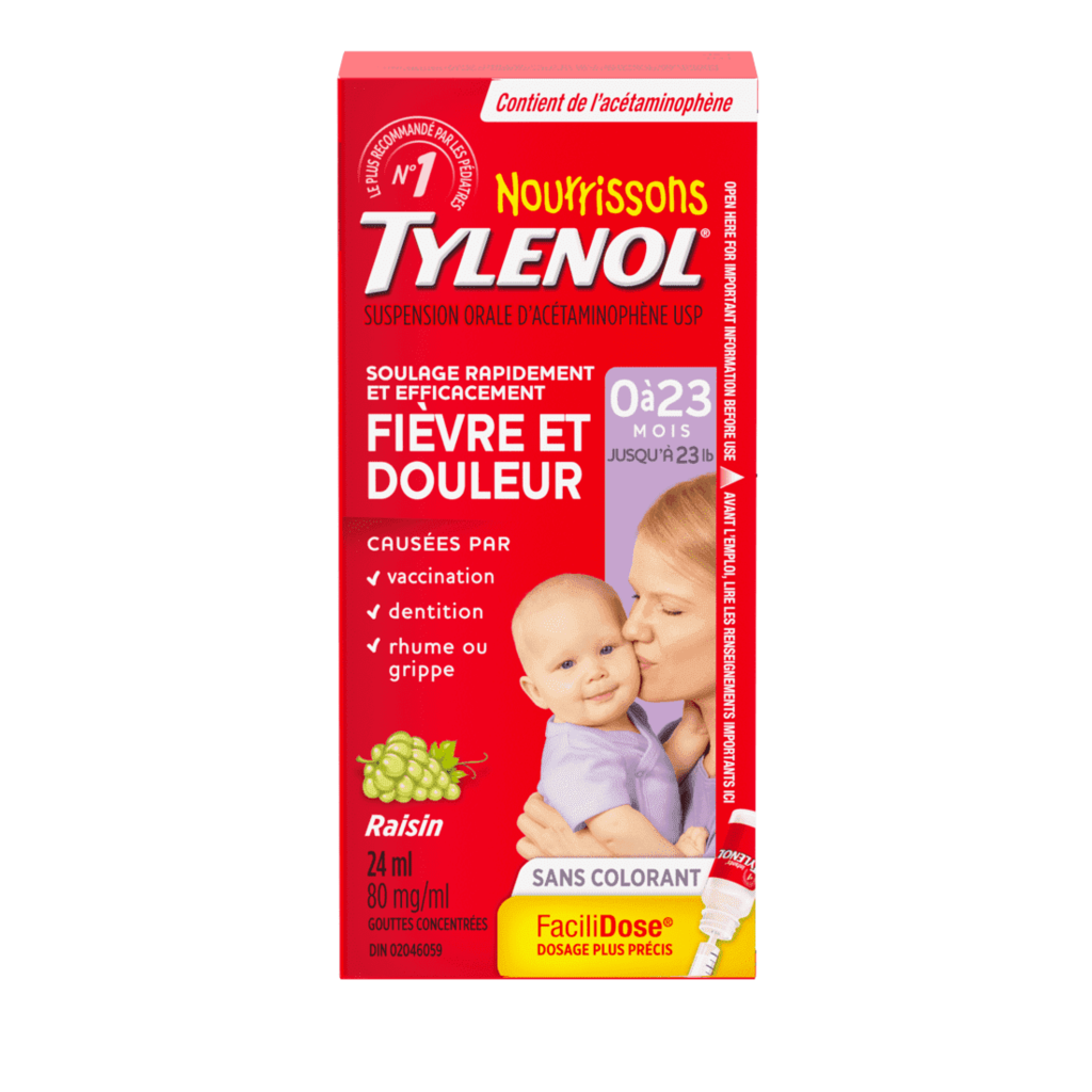 Une boîte de gouttes pour noussissons TYLENOL® 0 à 23 mois, Sans colorant, 80 mg