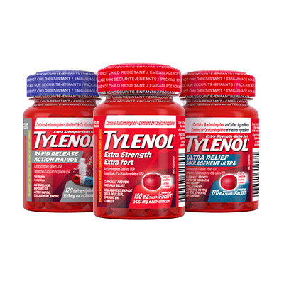 Trois flacons de produits TYLENOL® : Action rapide, Extra fort et Soulagement ultra