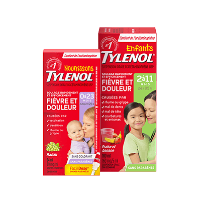 Deux contenants de produits TYLENOL® contre la fièvre et la douleur, pour enfants et nourrissons