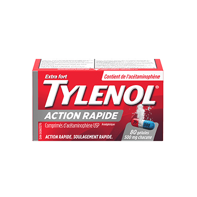 Boîte de 80 gélules TYLENOL® Extra fort Action rapide à 500 mg