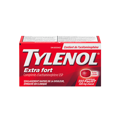 Boîte de 100 comprimés TYLENOL® Extra fort à 500 mg
