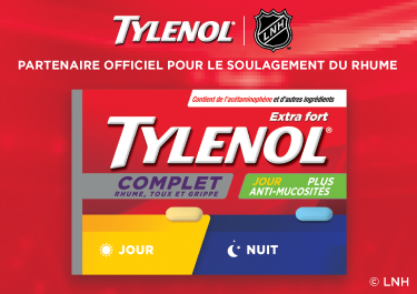 Bannière illustrant le logo de la LNH et la boîte de 24 caplets TYLENOL® Extra fort Complet Rhume, toux et grippe, Jour et Nuit.